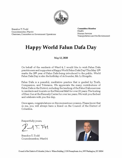 Image for article Anggota Dewan Washington D.C. Mengakui Hari Falun Dafa Sedunia