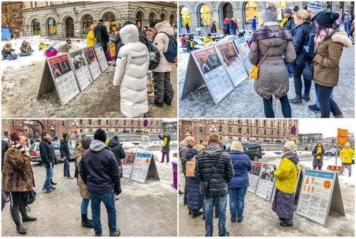 Image for article Stockholm, Swedia: Para Pejalan Kaki Tersentuh oleh Para Praktisi dalam Meningkatkan Kesadaran Tentang Penganiayaan Meskipun Turun Salju Lebat