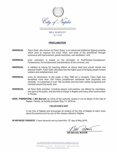 Image for article Walikota Naples di Florida Memproklamasikan 13 Mei 2019 sebagai Hari Falun Dafa
