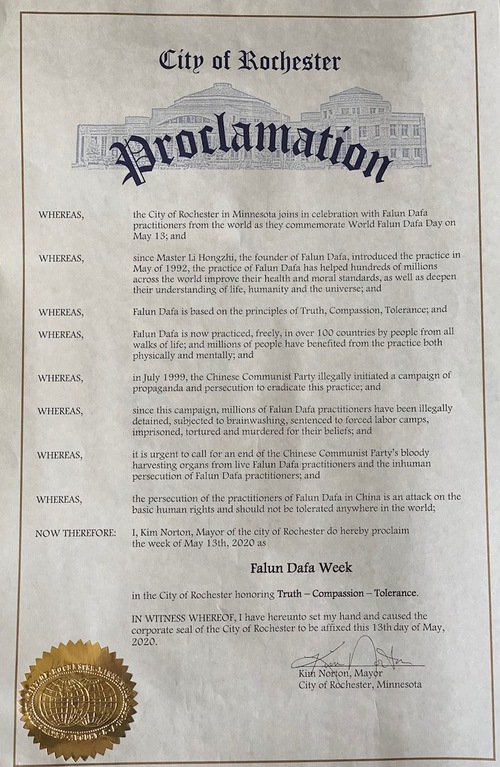 Image for article Walikota Rochester, Minnesota Memproklamasikan Minggu Falun Dafa