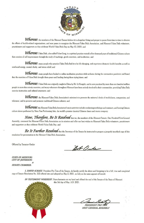 Image for article Senat Missouri dan Resolusi DPR Menghormati Hari Falun Dafa Sedunia