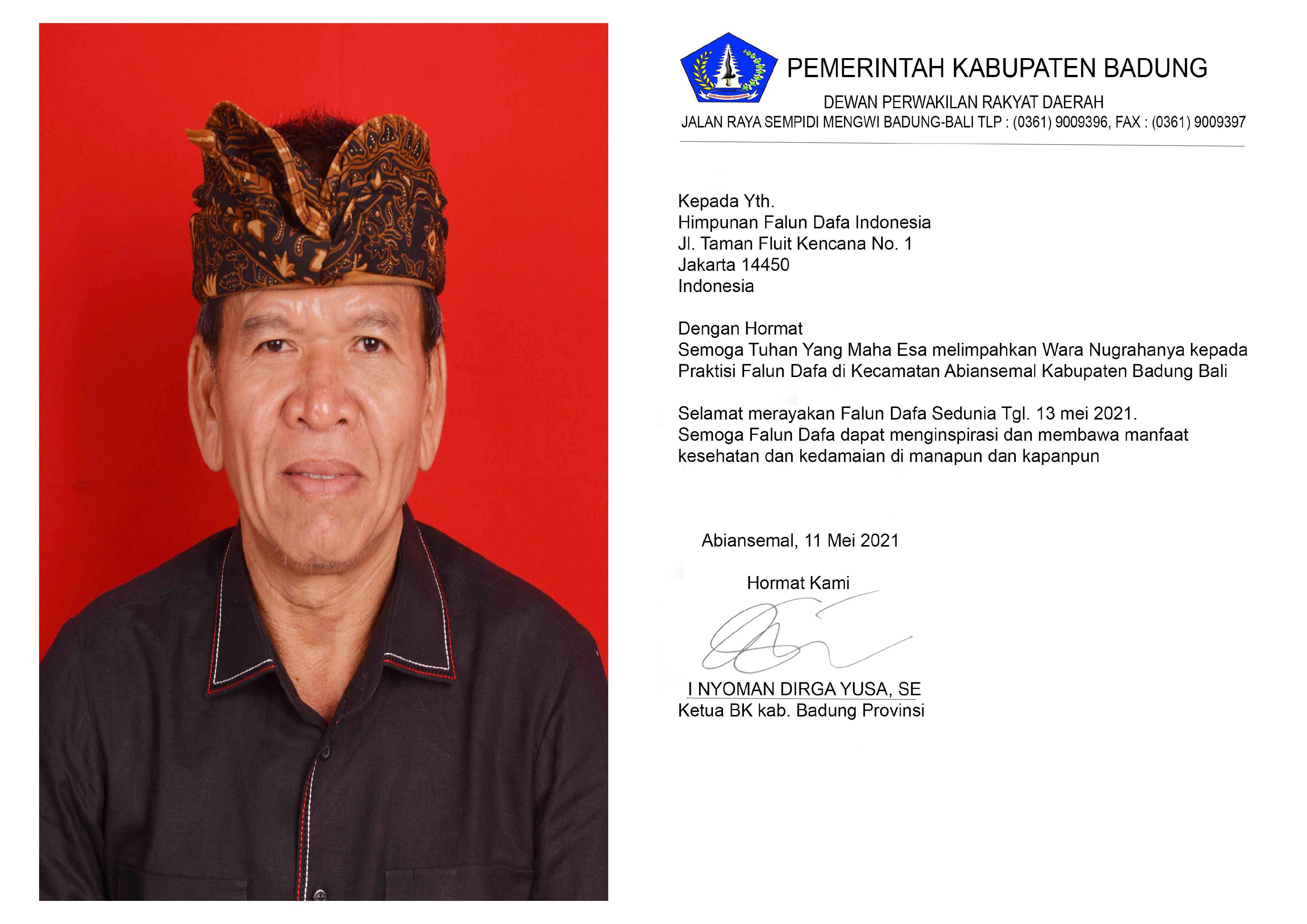 Image for article Bali: Ketua Badan Kehormatan DPRD Kabupaten Badung Menyampaikan Ucapan Selamat Hari Falun Dafa Sedunia Tahun 2021