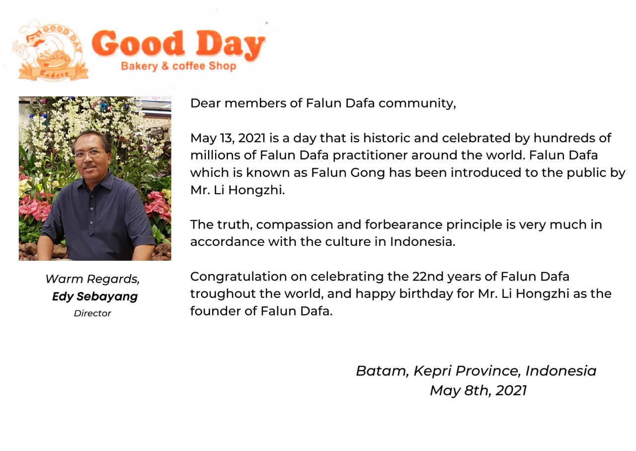 Image for article Batam: Pemilik Bakery dan Cafe ‘Good Day’ Mengucapkan Selamat Hari Falun Dafa 