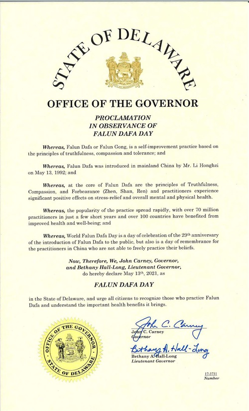 Image for article Delaware: Gubernur Memproklamasikan 13 Mei sebagai “Hari Falun Dafa”
