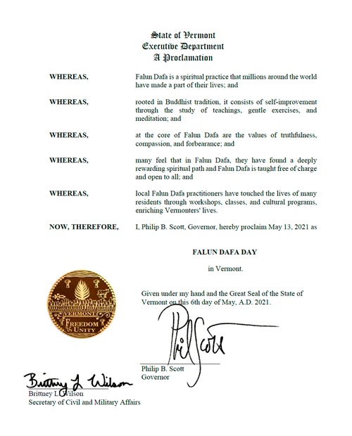 Image for article Vermont: Gubernur Memproklamasikan 13 Mei Sebagai “Hari Falun Dafa” di Negara Bagian Vermont