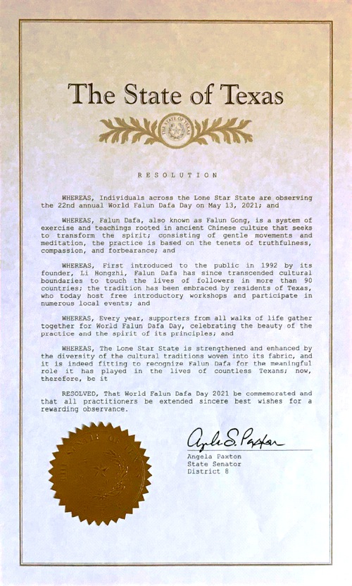 Image for article Dallas, Texas: Legislator Negara Bagian Mengakui Hari Falun Dafa Sedunia