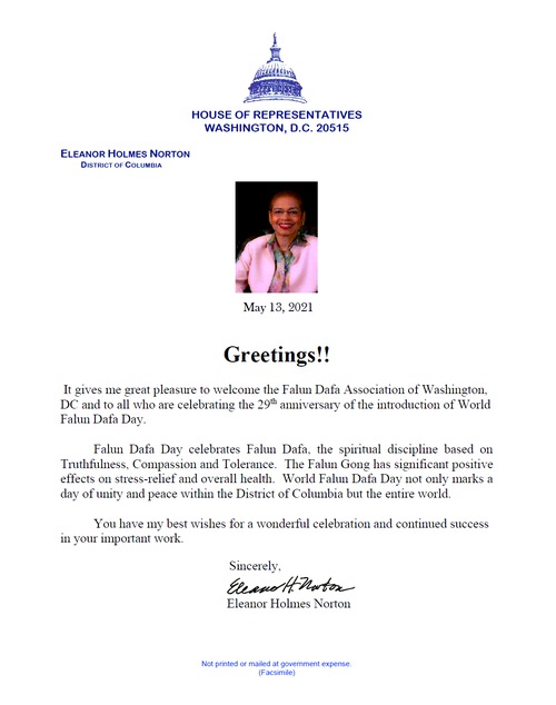 Image for article Washington DC: Anggota Kongres Mengirim Ucapan Selamat untuk Hari Falun Dafa