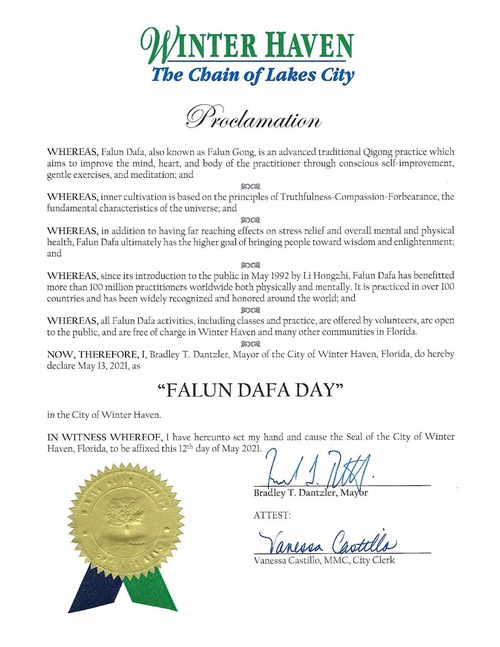 Image for article Florida: Kota Winter Haven Memproklamasikan Hari Falun Dafa