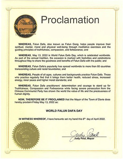 Image for article Florida: Walikota Davie Memproklamasikan Hari Falun Dafa