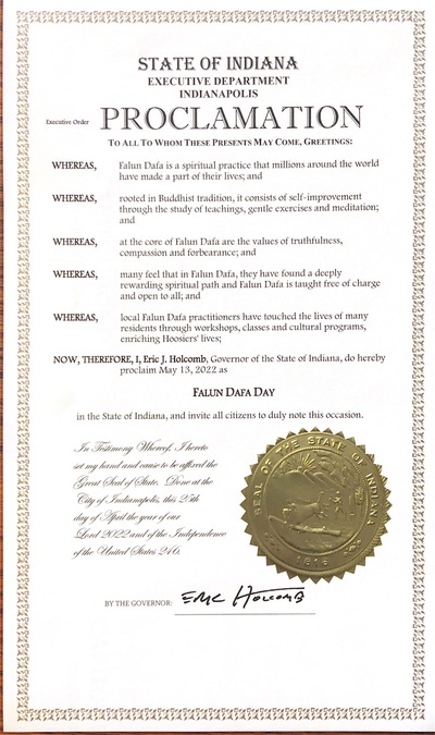 Image for article Indiana: Gubernur Memproklamasikan 13 Mei 2022 Hari Falun Dafa