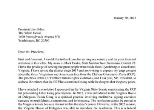 Image for article Virginia, AS: Senator Negara Mendesak Presiden AS untuk Menangani Penganiayaan terhadap Falun Gong di Tiongkok