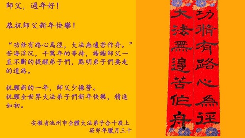 Image for article Praktisi Falun Dafa dari Provinsi Anhui dengan Hormat Mengucapkan Selamat Tahun Baru Imlek kepada Guru Li Hongzhi (22 Ucapan)