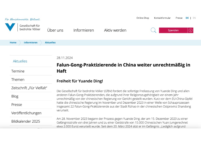 Image for article Jerman: Organisasi Hak Asasi Manusia Mengecam Penganiayaan PKT terhadap Falun Gong