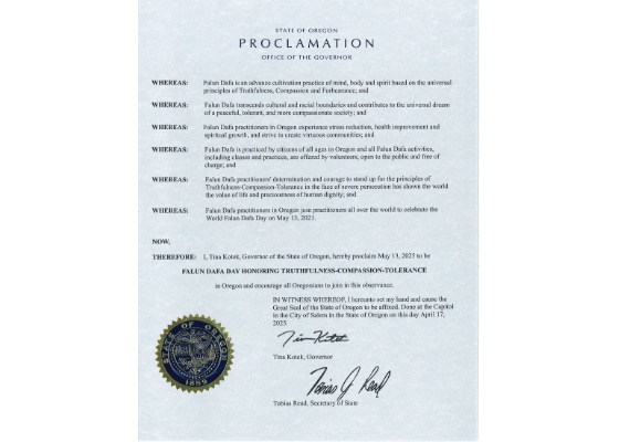 Image for article Oregon, AS: Gubernur Menetapkan 13 Mei sebagai Hari Falun Dafa