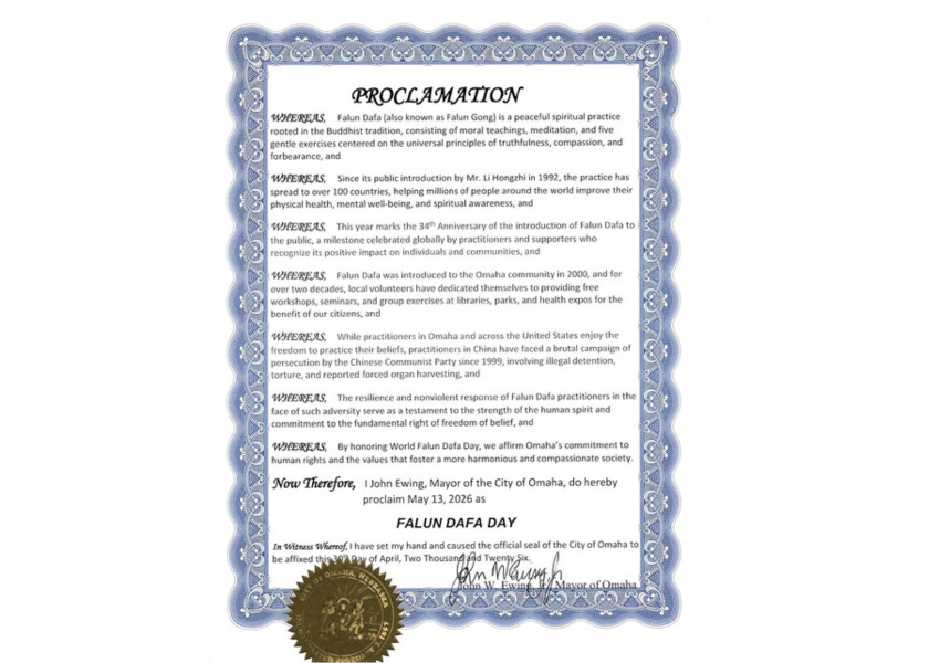 Image for article Wali Kota Omaha Memproklamasikan Hari Falun Dafa